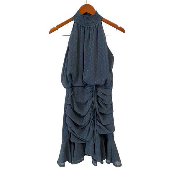 Two Sisters The Label Pip Mini Dress US 6 Ruched Ruffle Blue Polka Dot Cocktail - Picture 7 of 16